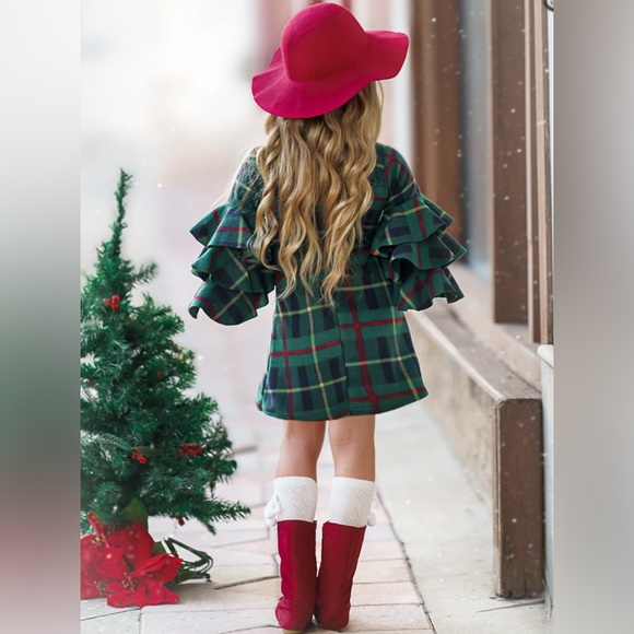 Mia Belle Girls Under the Mistletoe Tiered Sleeve Miya Dress in green plaid - Picture 13 of 13